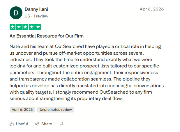 5-star Trustpilot review by Danny Ilani: An Essential Resource for Our Firm - customized prospect lists, seamless collaboration, pipeline directly translated into meaningful conversations with quality targets.